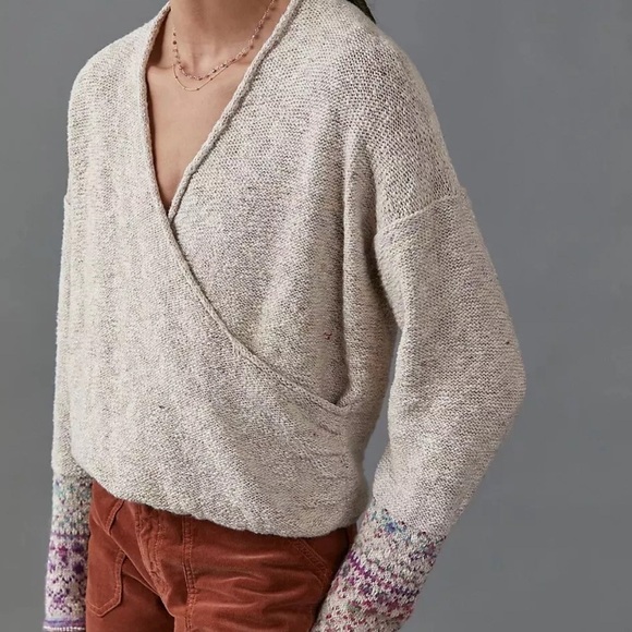 ANTHRO Pilcro Drew Surplice Sweater Faux Wrap Fair Isle Boho Cabincore Size XS - Picture 2 of 12